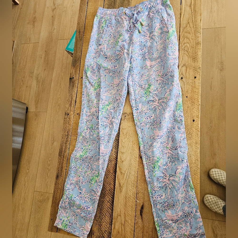Lilly Pulitzer 100% Linen Floral Trouser Blue Peri Turtle Package Pants - Picture 5 of 12